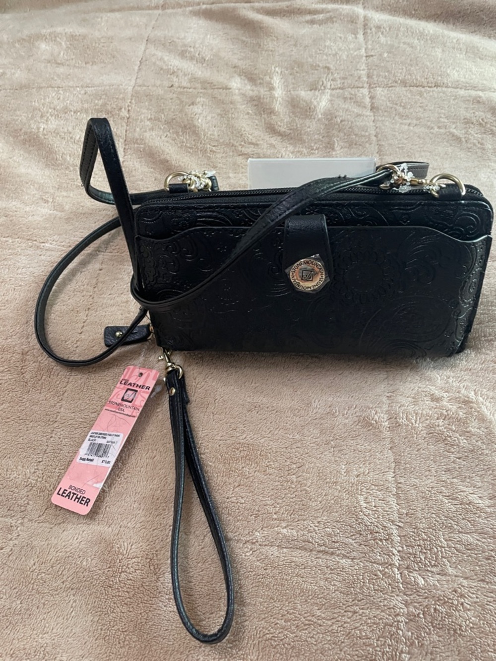 Stone Mountain Black Embossed Leather Wristlet Crossbody